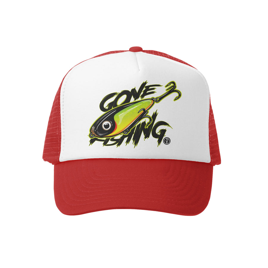 baseball cap fishing hats lures Gone Fishing Kids Trucker Hat – gromsquadusa