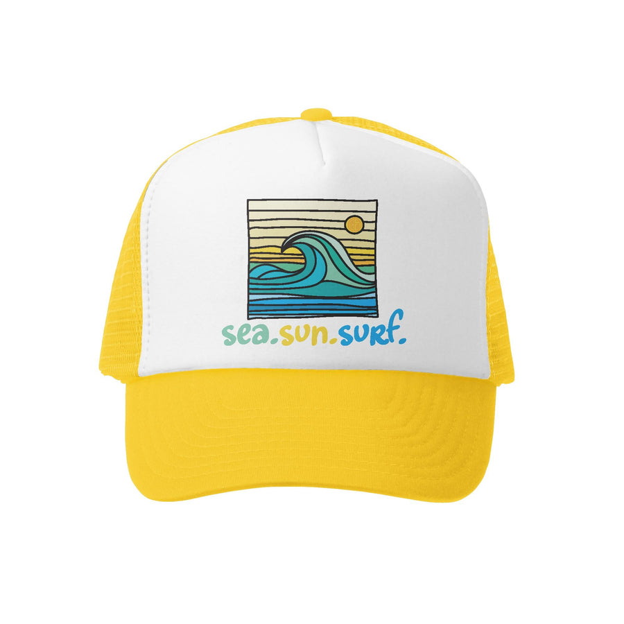 Grom Squad Kid's Trucker Hat - Yellow & White - Sea, Sun, Surf