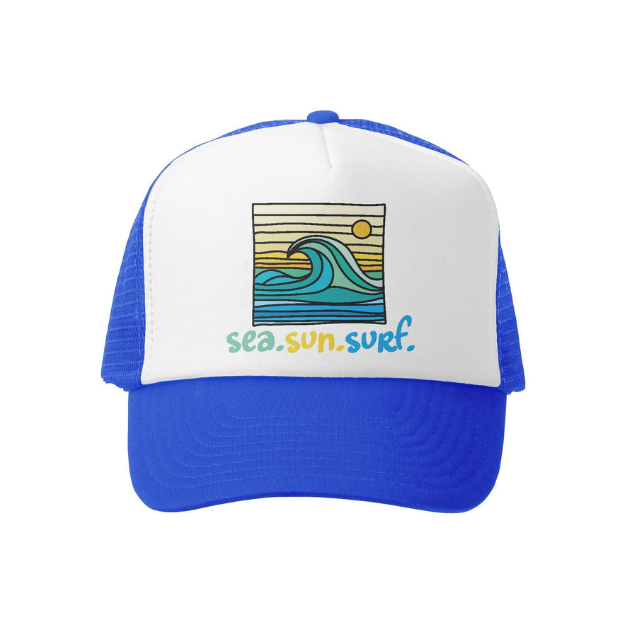 Grom Squad Kid's Trucker Hat - Royal & White - Sea, Sun, Surf